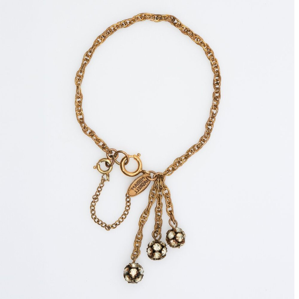 Vintage Miriam Haskell Gold Toned Charm Bracelet Crystal Cluster Dangles 1950s